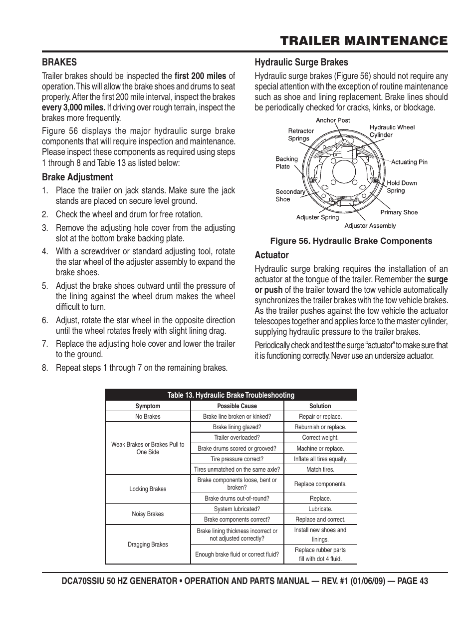 Trailer maintenance, Brakes, Brake adjustment | Hydraulic surge brakes, Actuator | Multiquip DCA70SSIU User Manual | Page 43 / 86