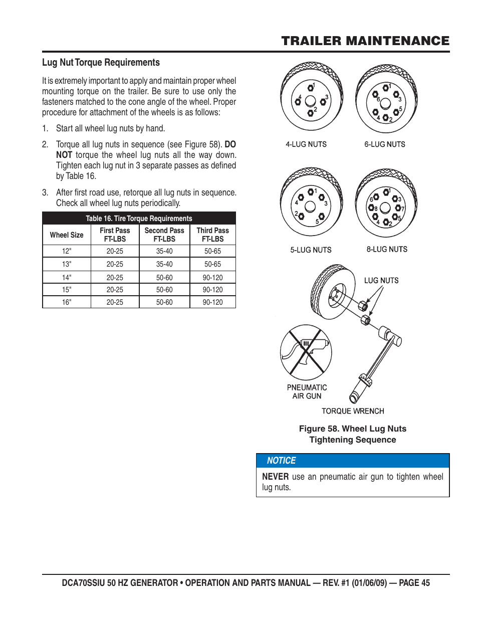Trailer maintenance, Lug nut torque requirements | Multiquip DCA70SSIU User Manual | Page 45 / 86