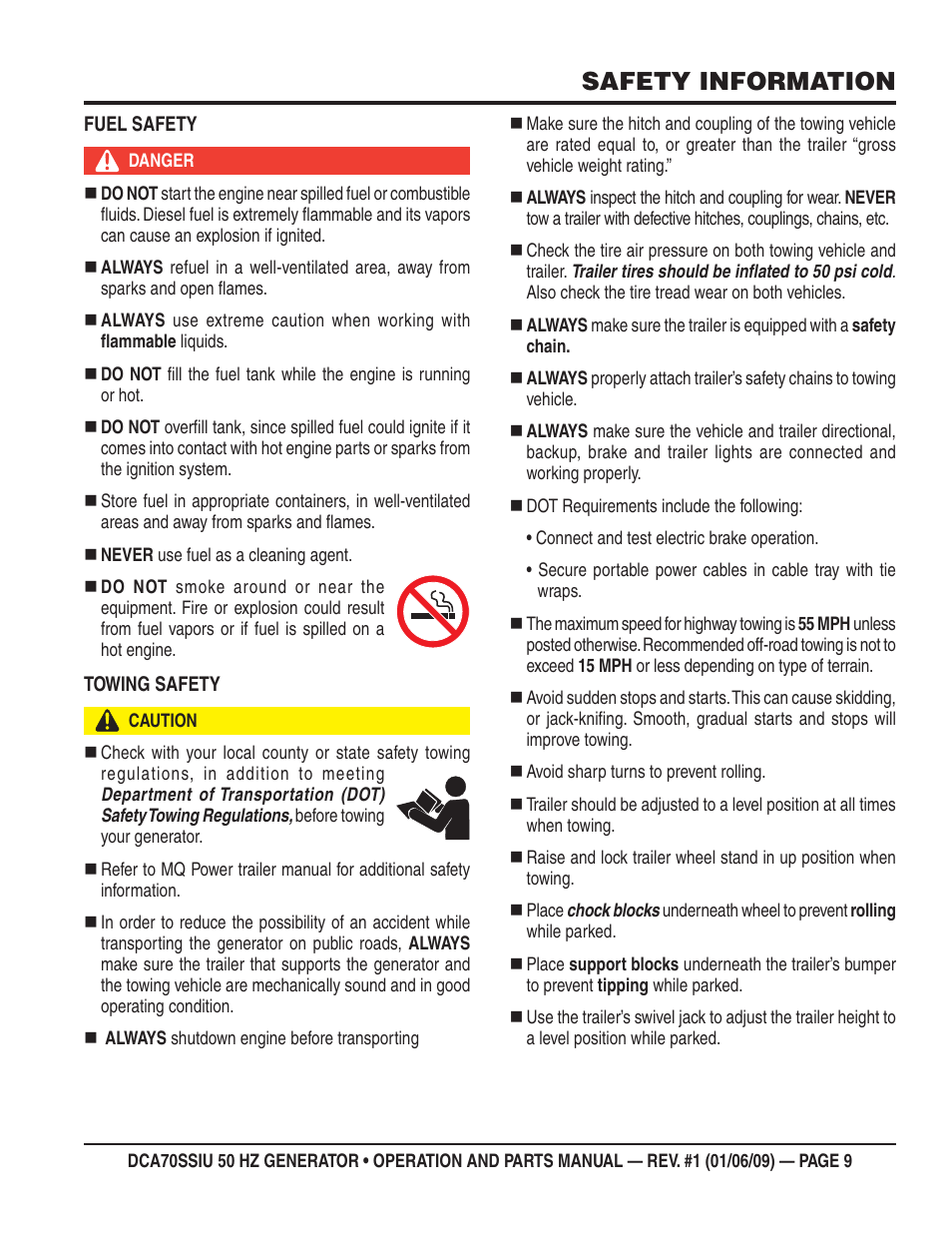 Safety information | Multiquip DCA70SSIU User Manual | Page 9 / 86