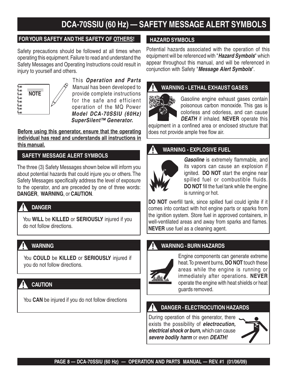 Dca-70ssiu (60 hz) — safety message alert symbols | Multiquip DCA70SSIU User Manual | Page 8 / 84