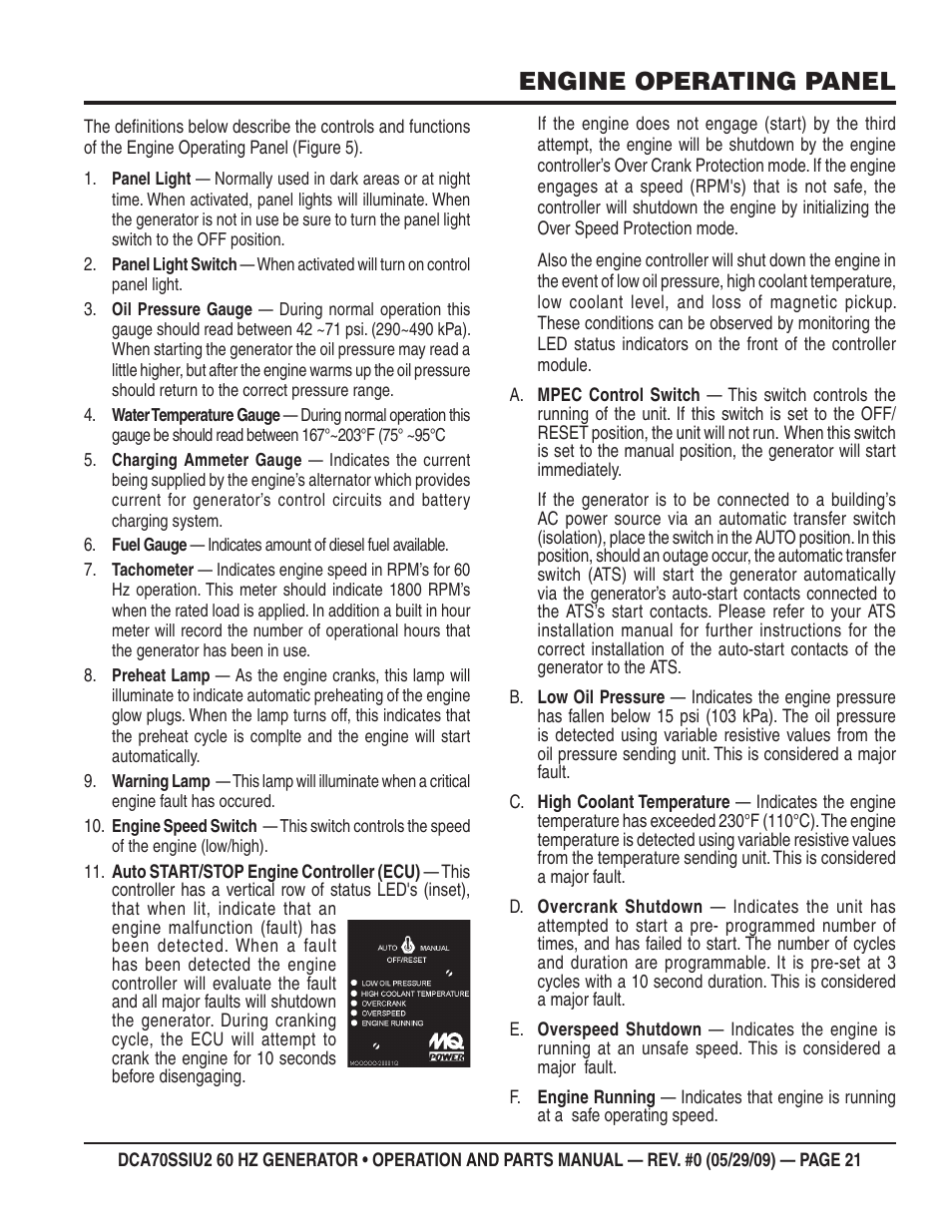 Engine operating panel | Multiquip DCA70SSIU2 User Manual | Page 21 / 84