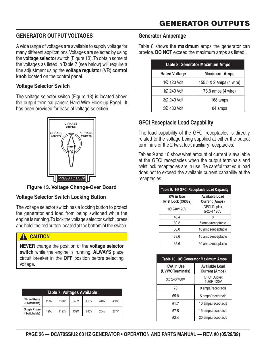 Generator outputs, Generator output voltages, Voltage selector switch | Voltage selector switch locking button, Generator amperage, Gfci receptacle load capability | Multiquip DCA70SSIU2 User Manual | Page 26 / 84