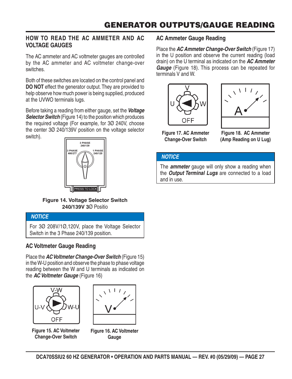 Generator outputs/gauge reading | Multiquip DCA70SSIU2 User Manual | Page 27 / 84