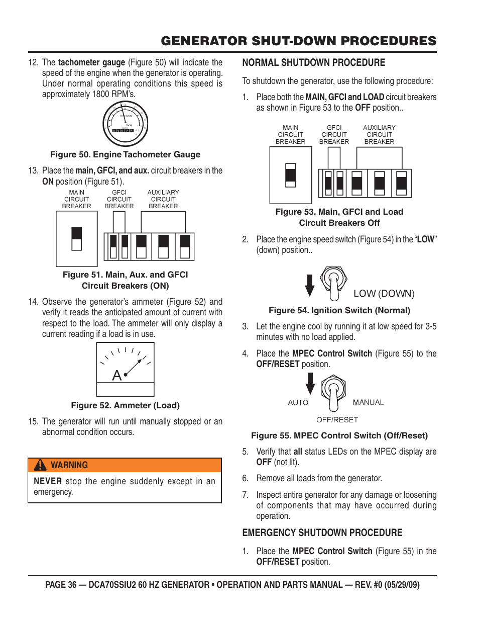 Generator shut-down procedures | Multiquip DCA70SSIU2 User Manual | Page 36 / 84