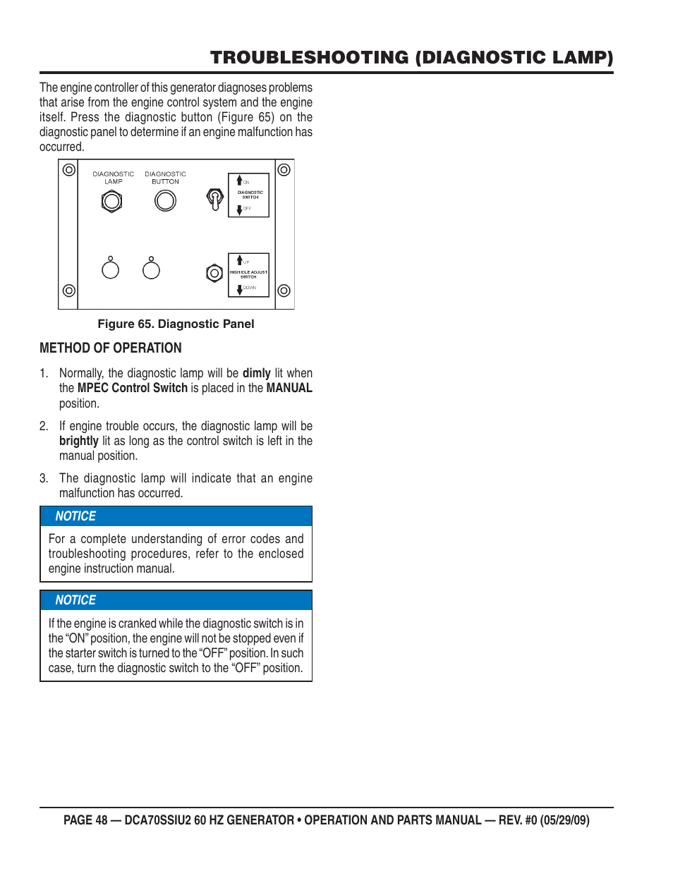 Troubleshooting (diagnostic lamp) | Multiquip DCA70SSIU2 User Manual | Page 48 / 84