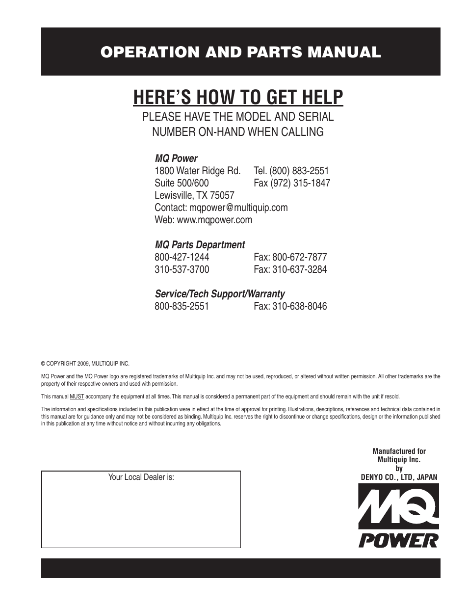 Here’s how to get help, Operation and parts manual | Multiquip DCA70SSIU2 User Manual | Page 84 / 84