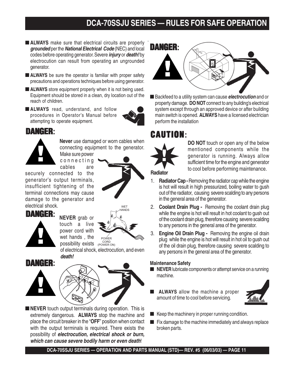 1dca-70ssju series — rules for safe operation, Caution, Caution caution | Danger, Danger danger: danger danger danger danger danger | Multiquip DCA70SSJU User Manual | Page 11 / 102