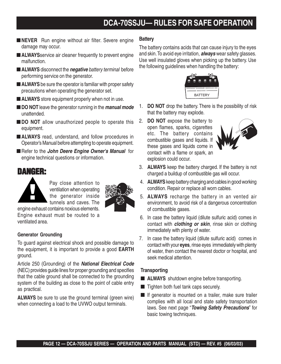 Dca-70ssju— rules for safe operation, Danger | Multiquip DCA70SSJU User Manual | Page 12 / 102