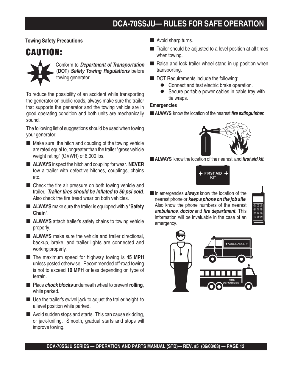 Caution, Dca-70ssju— rules for safe operation | Multiquip DCA70SSJU User Manual | Page 13 / 102