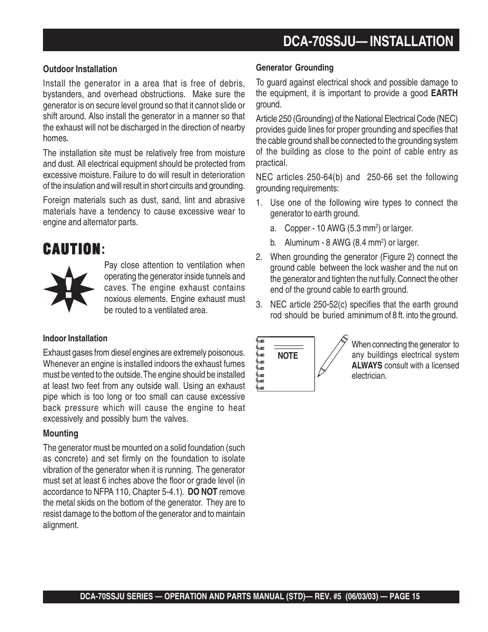 Caution, Caution caution, Dca-70ssju— installation | Multiquip DCA70SSJU User Manual | Page 15 / 102