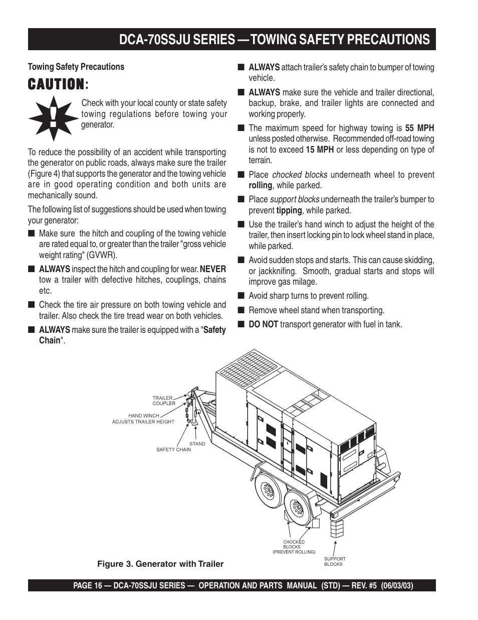 Caution, Caution caution, Dca-70ssju series — towing safety precautions | Multiquip DCA70SSJU User Manual | Page 16 / 102