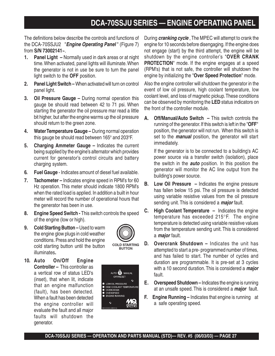 1dca-70ssju series — engine operating panel | Multiquip DCA70SSJU User Manual | Page 27 / 102