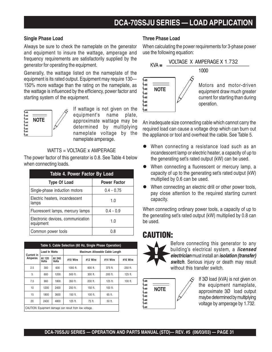 1dca-70ssju series — load application, Caution | Multiquip DCA70SSJU User Manual | Page 31 / 102