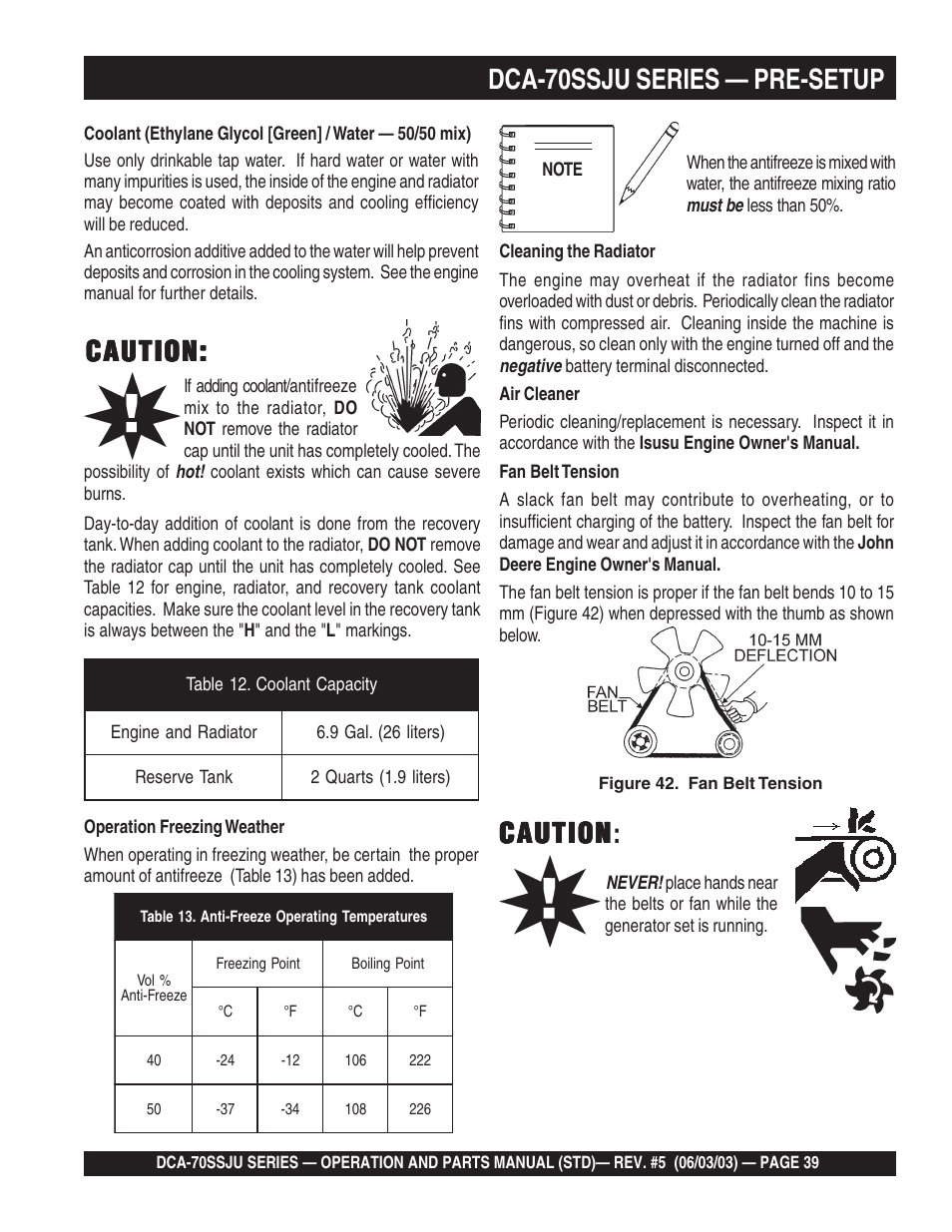 Caution, Caution caution, Dca-70ssju series — pre-setup | Multiquip DCA70SSJU User Manual | Page 39 / 102
