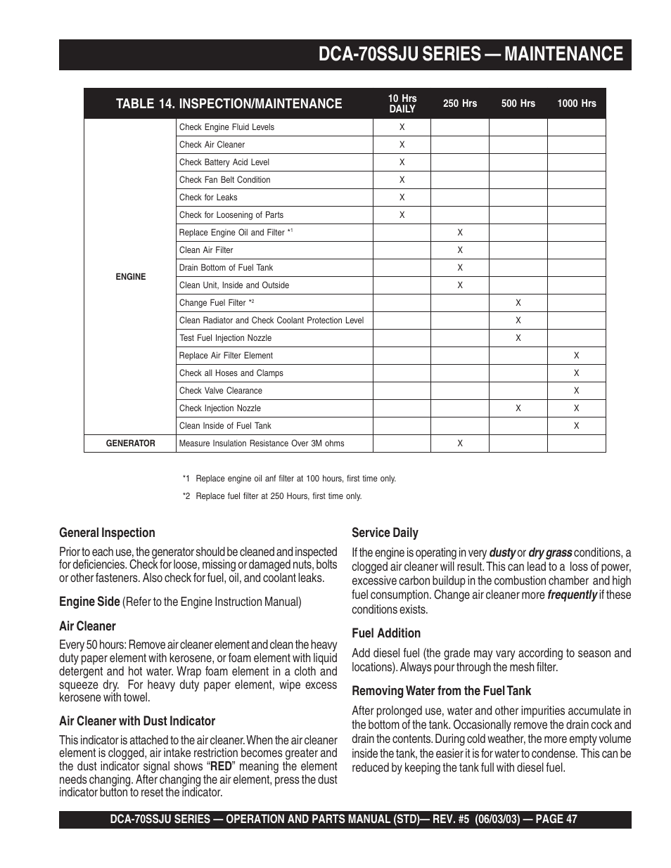 1dca-70ssju series — maintenance, Service daily, Dusty | Dry grass, Frequently, Fuel addition, Removing water from the fuel tank, General inspection, Engine side, Air cleaner | Multiquip DCA70SSJU User Manual | Page 47 / 102