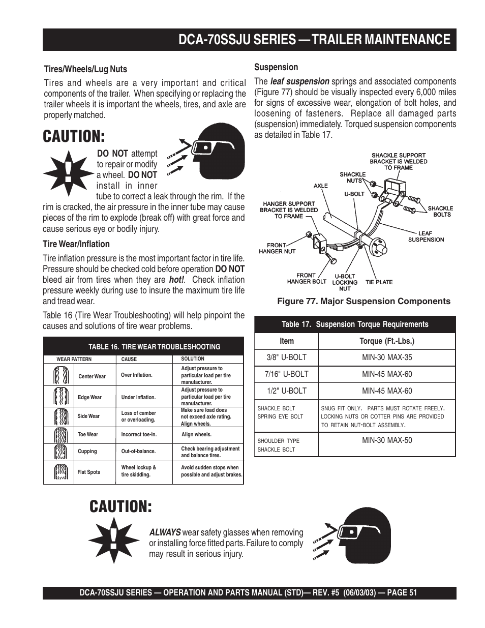 Caution, Dca-70ssju series — trailer maintenance | Multiquip DCA70SSJU User Manual | Page 51 / 102