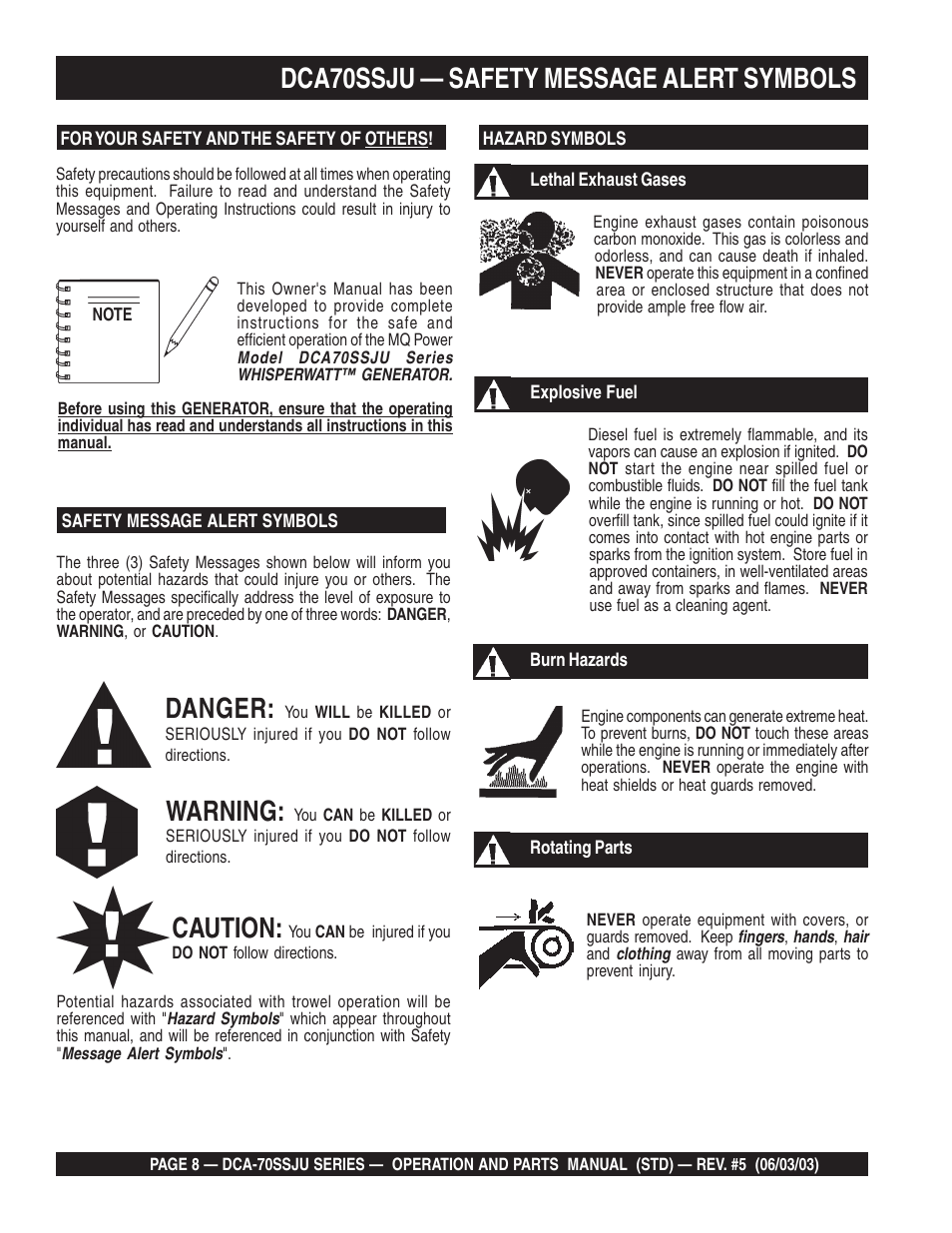 Danger, Warning, Caution | Dca70ssju — safety message alert symbols | Multiquip DCA70SSJU User Manual | Page 8 / 102