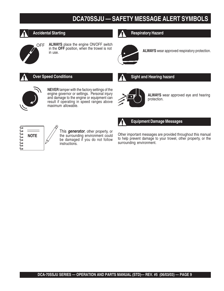 Dca70ssju — safety message alert symbols | Multiquip DCA70SSJU User Manual | Page 9 / 102