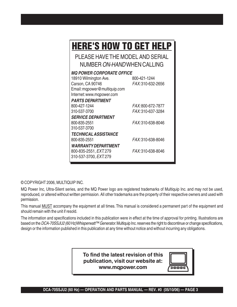 Here's how to get help, On-hand, Please have the model and serial number | When calling | Multiquip DCA70SSJU2 User Manual | Page 3 / 84