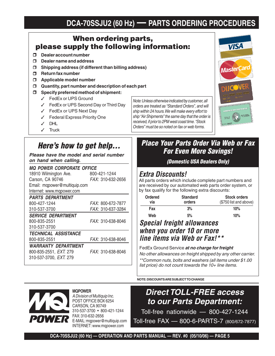 Here’s how to get help, Direct toll-free access to our parts department, Parts ordering procedures | Extra discounts | Multiquip DCA70SSJU2 User Manual | Page 5 / 84