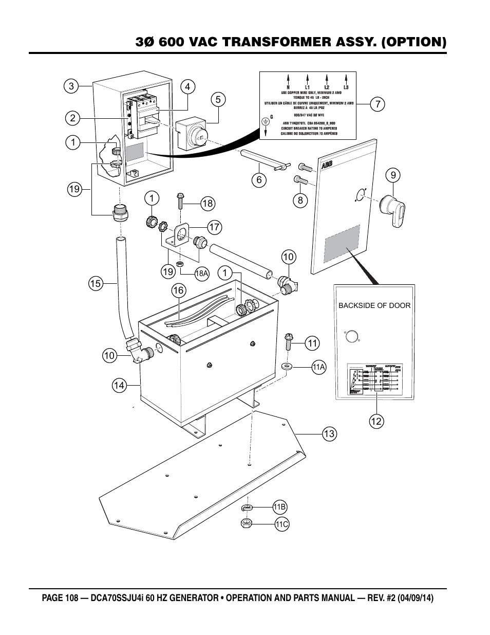 3ø 600 vac transformer assy. (option) | Multiquip DCA70SSJU4i User Manual | Page 108 / 120