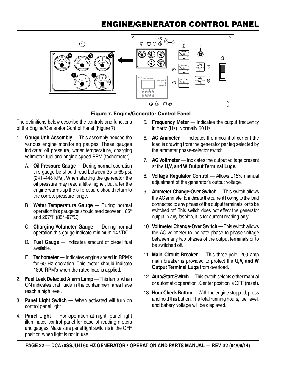 Engine/generator control panel, Figure 7. engine/generator control panel | Multiquip DCA70SSJU4i User Manual | Page 22 / 120