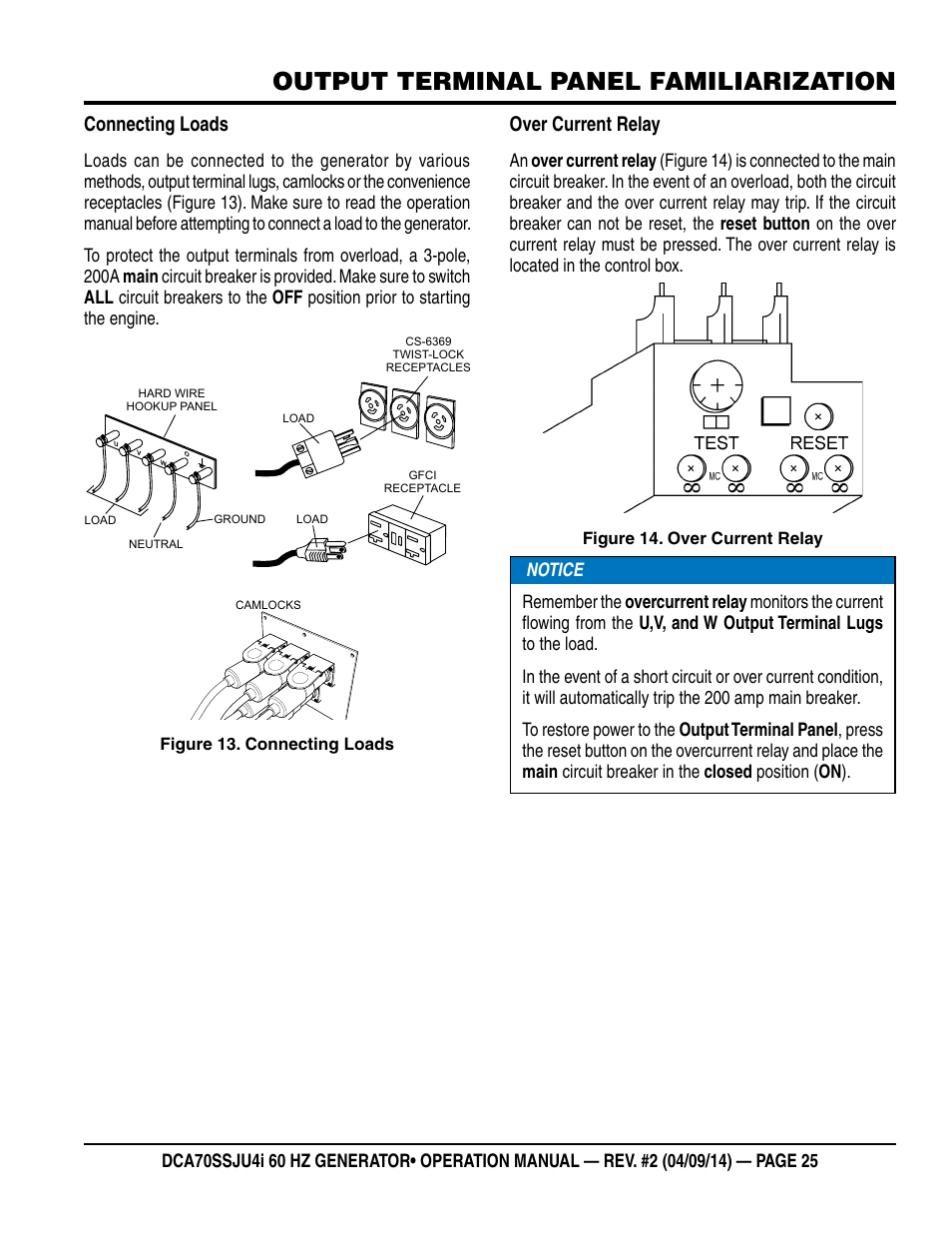 Output terminal panel familiarization, Connecting loads, Over current relay | Multiquip DCA70SSJU4i User Manual | Page 25 / 120