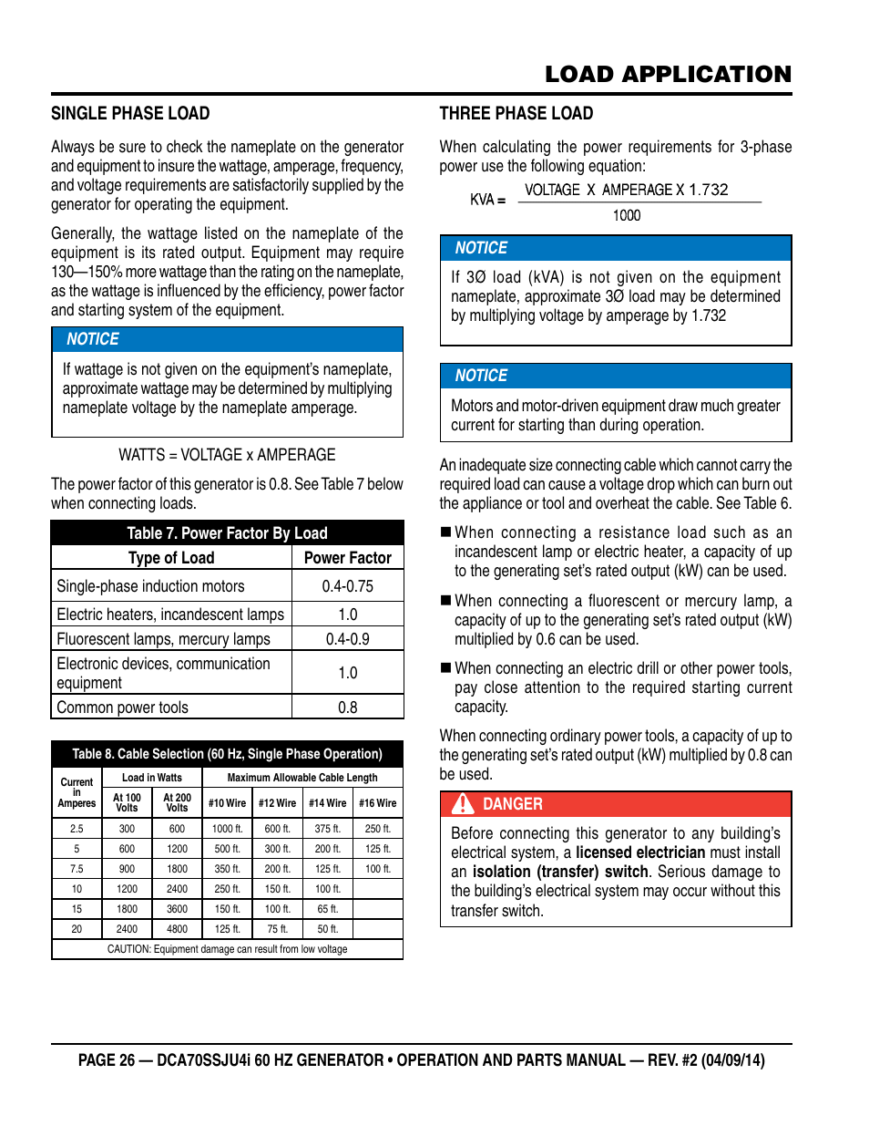 Load application, Single phase load, Three phase load | Multiquip DCA70SSJU4i User Manual | Page 26 / 120