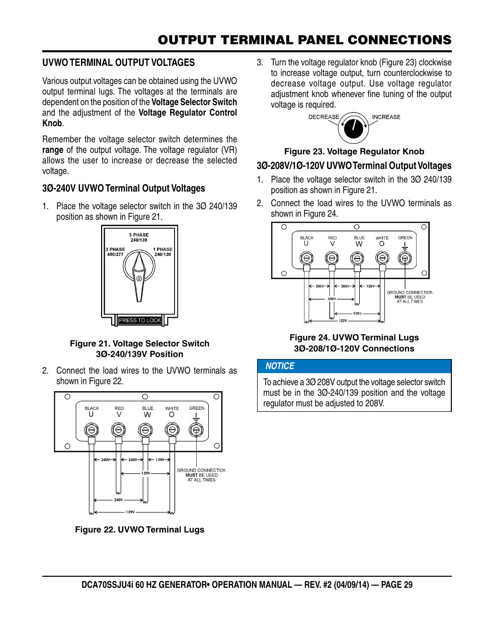 Output terminal panel connections | Multiquip DCA70SSJU4i User Manual | Page 29 / 120