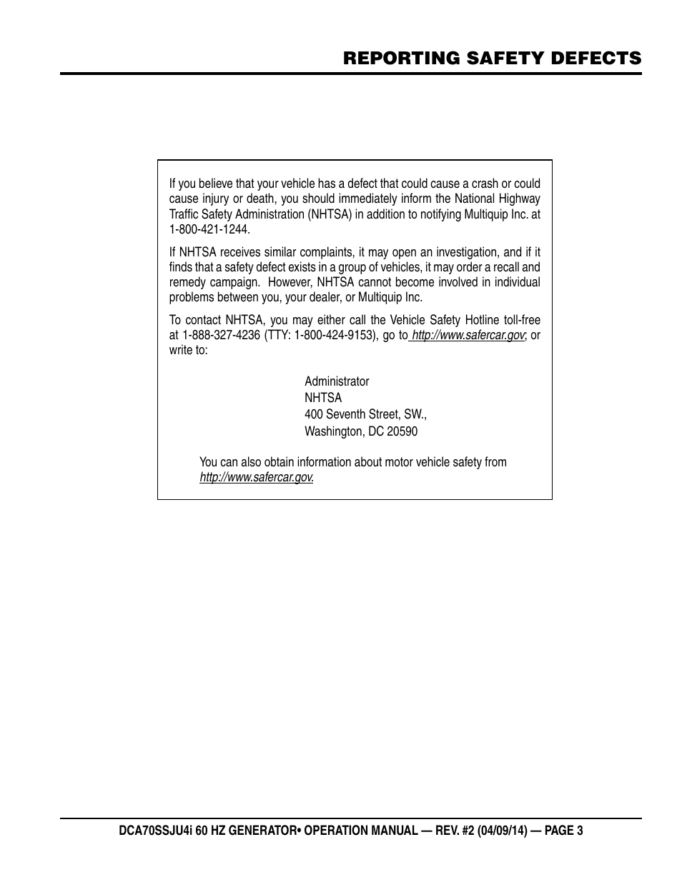 Reporting safety defects | Multiquip DCA70SSJU4i User Manual | Page 3 / 120