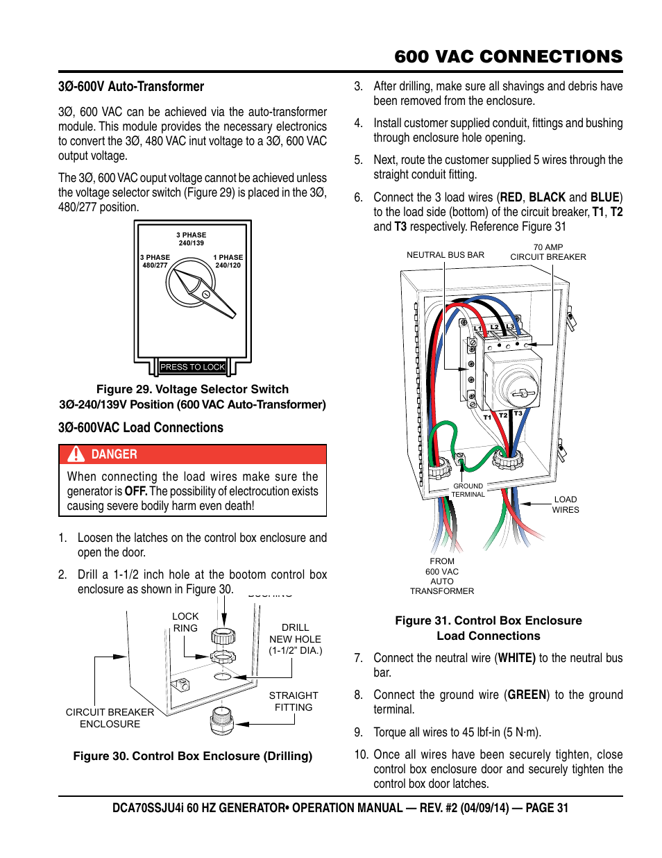 600 vac connections, 3ø-600v auto-transformer, 3ø-600vac load connections | Multiquip DCA70SSJU4i User Manual | Page 31 / 120