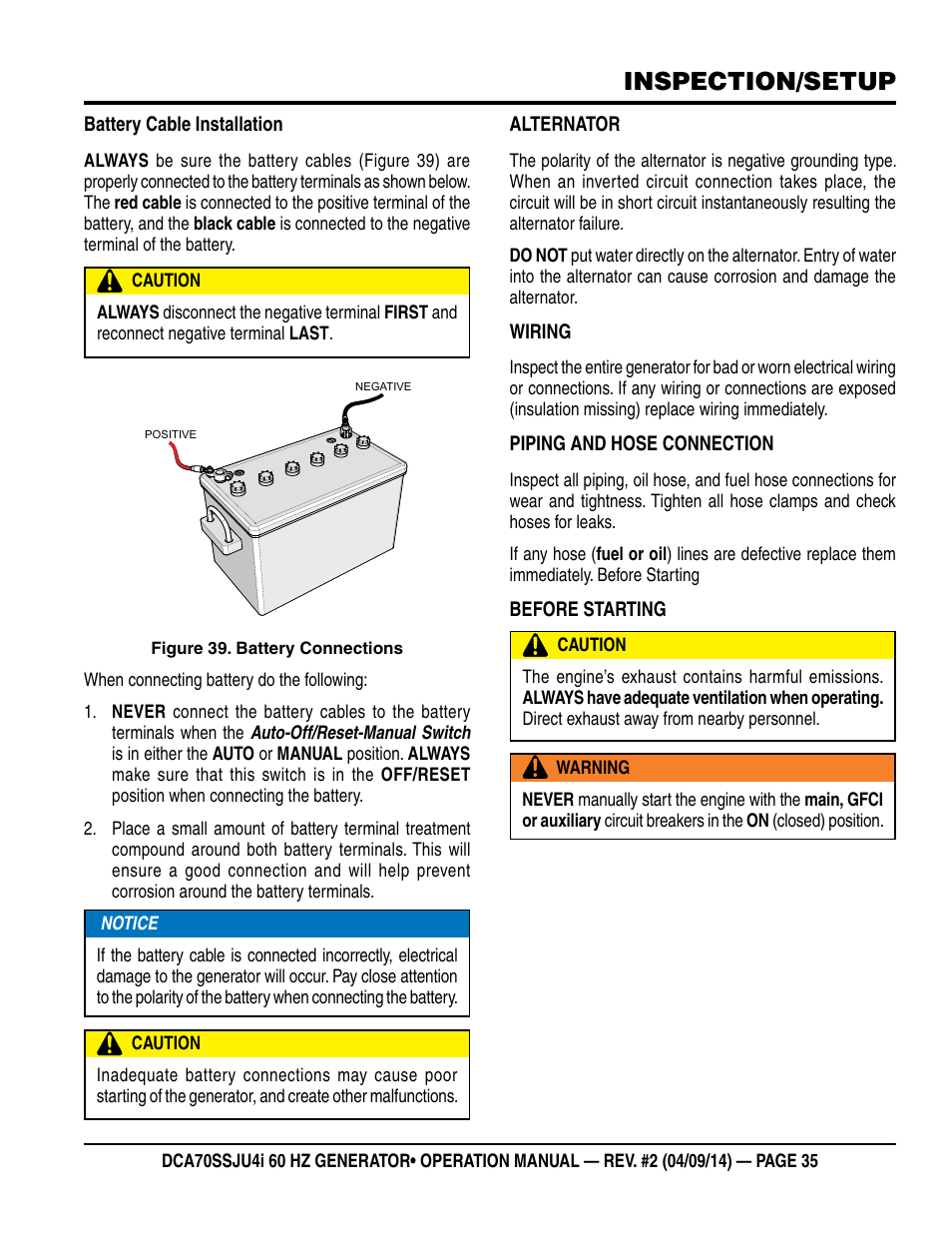 Inspection/setup | Multiquip DCA70SSJU4i User Manual | Page 35 / 120