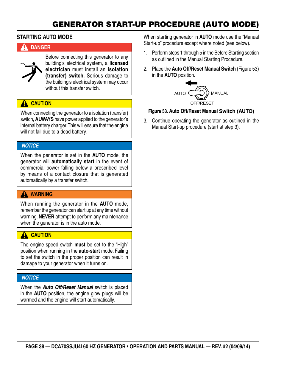 Generator start-up procedure (auto mode) | Multiquip DCA70SSJU4i User Manual | Page 38 / 120