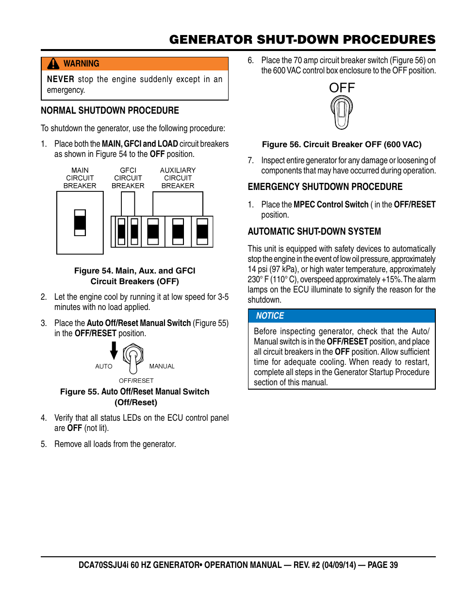 Generator shut-down procedures | Multiquip DCA70SSJU4i User Manual | Page 39 / 120