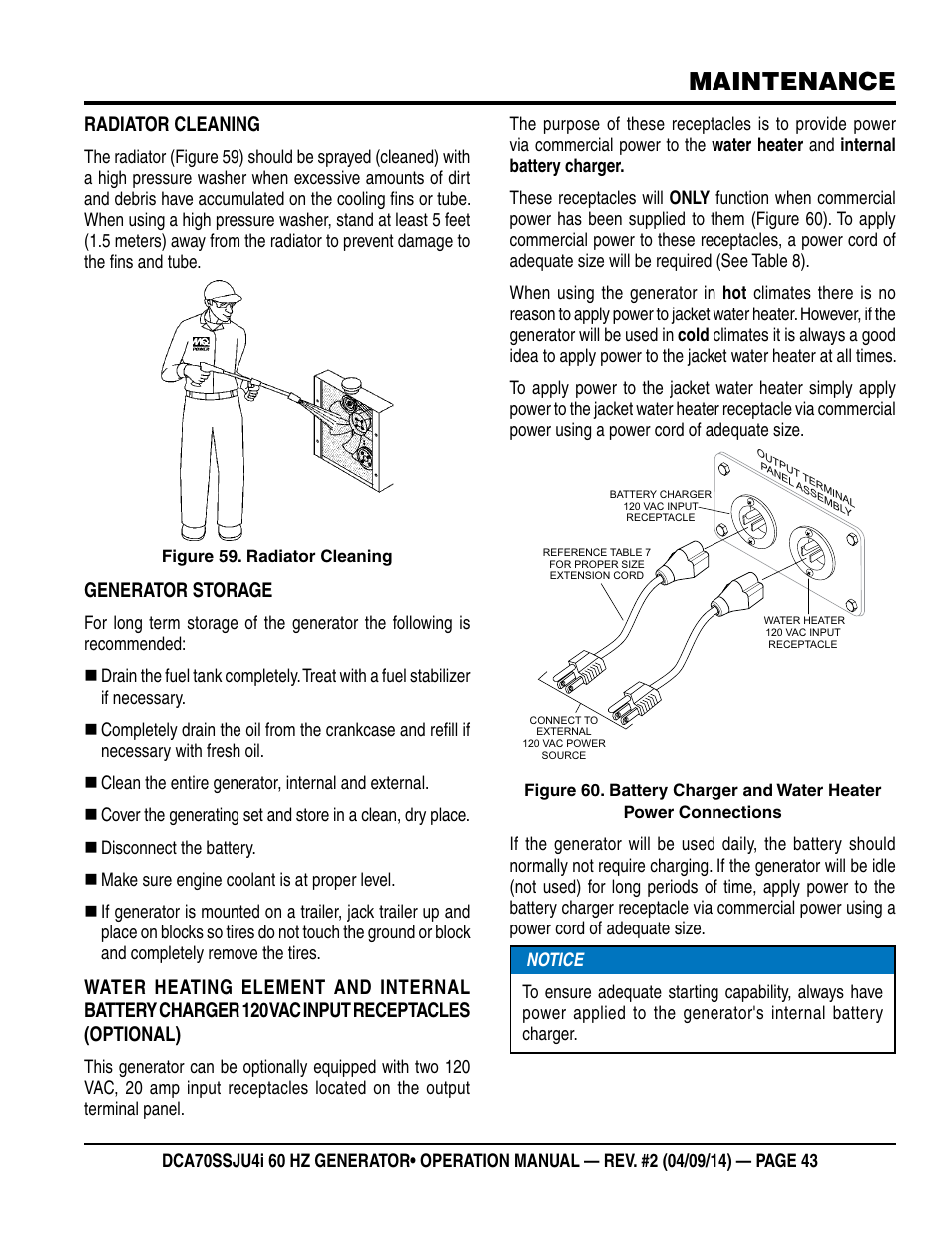 Maintenance, Radiator cleaning, Generator storage | Multiquip DCA70SSJU4i User Manual | Page 43 / 120