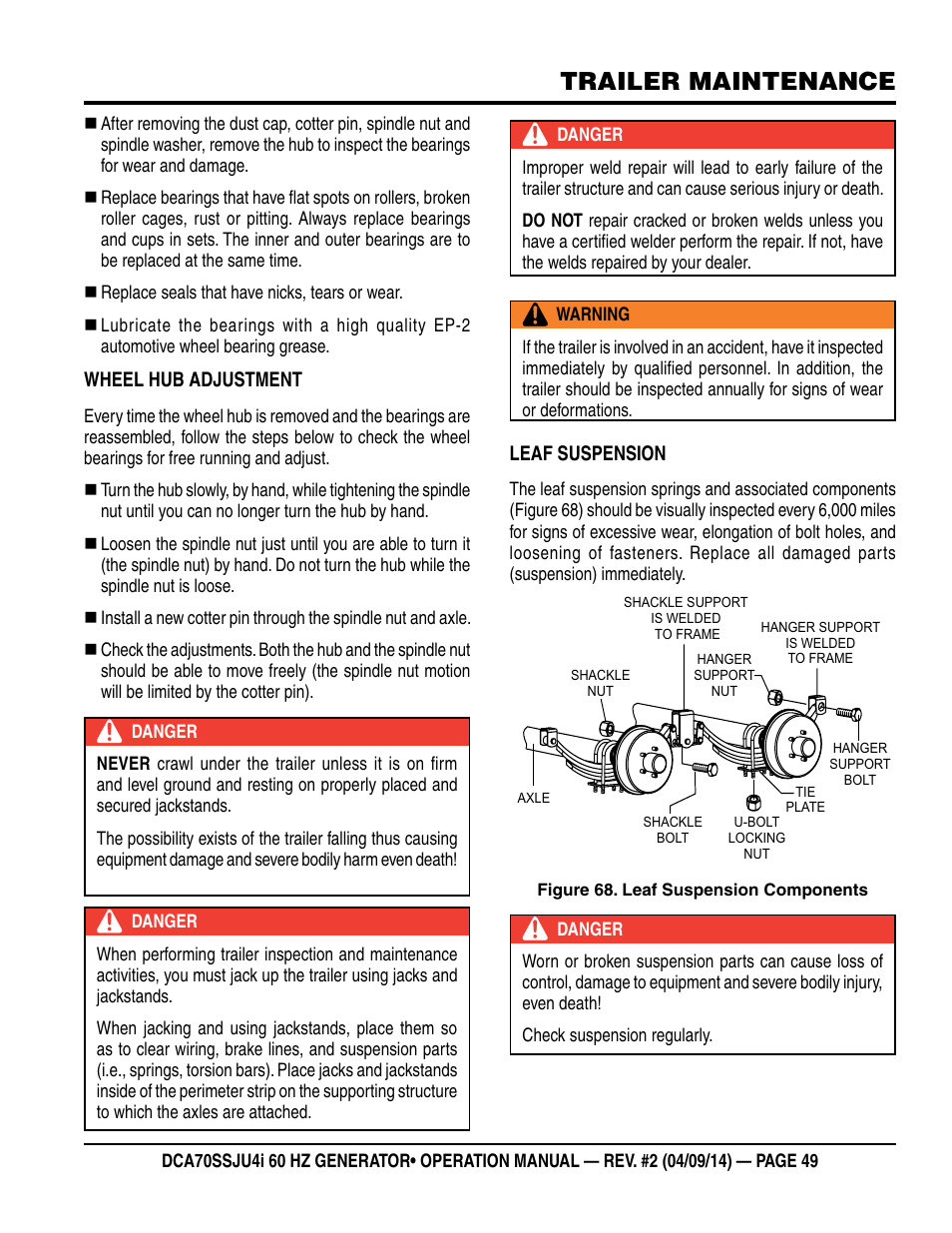 Trailer maintenance | Multiquip DCA70SSJU4i User Manual | Page 49 / 120