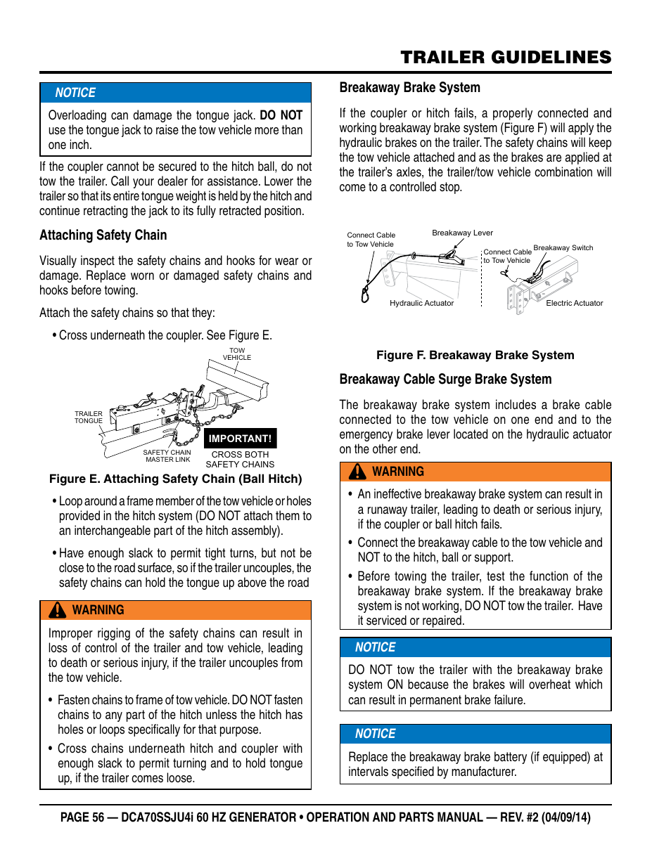 Trailer guidelines, Attaching safety chain, Breakaway brake system | Breakaway cable surge brake system | Multiquip DCA70SSJU4i User Manual | Page 56 / 120