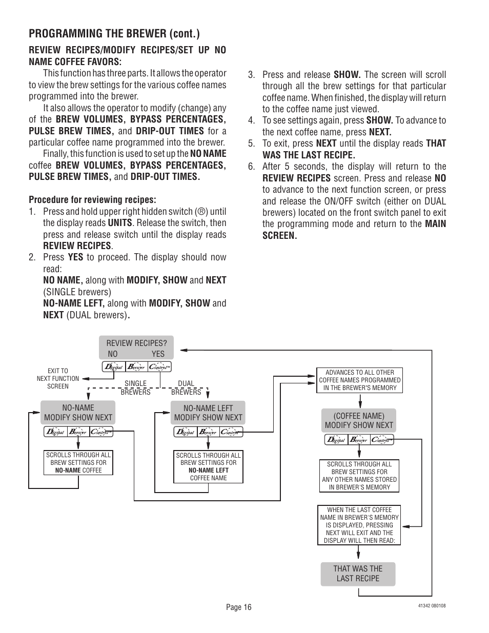Programming the brewer (cont.) | Bunn DUAL068000 User Manual | Page 16 / 36