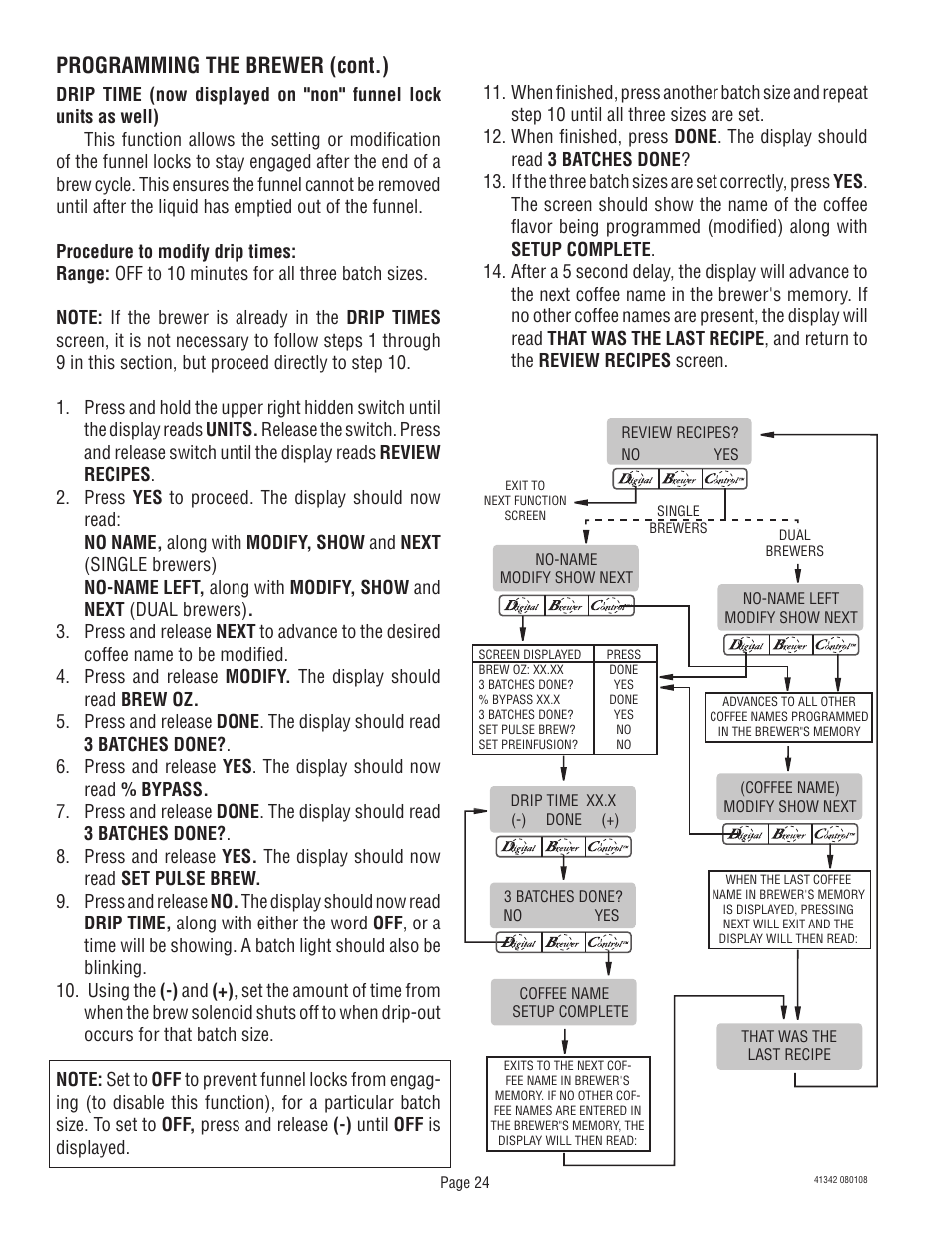Programming the brewer (cont.) | Bunn DUAL068000 User Manual | Page 24 / 36