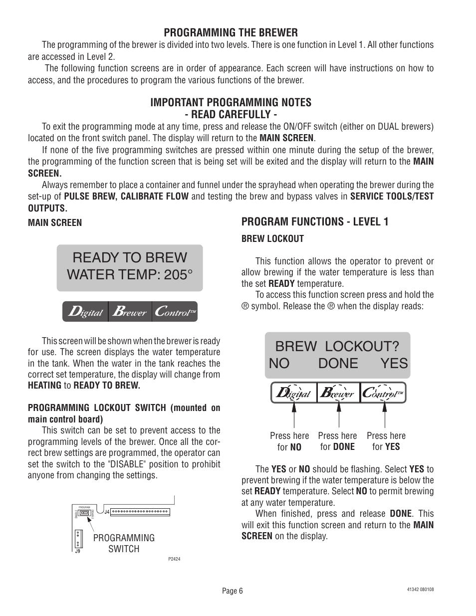 Ready to brew water temp: 205, Brew lockout? no done yes | Bunn DUAL068000 User Manual | Page 6 / 36