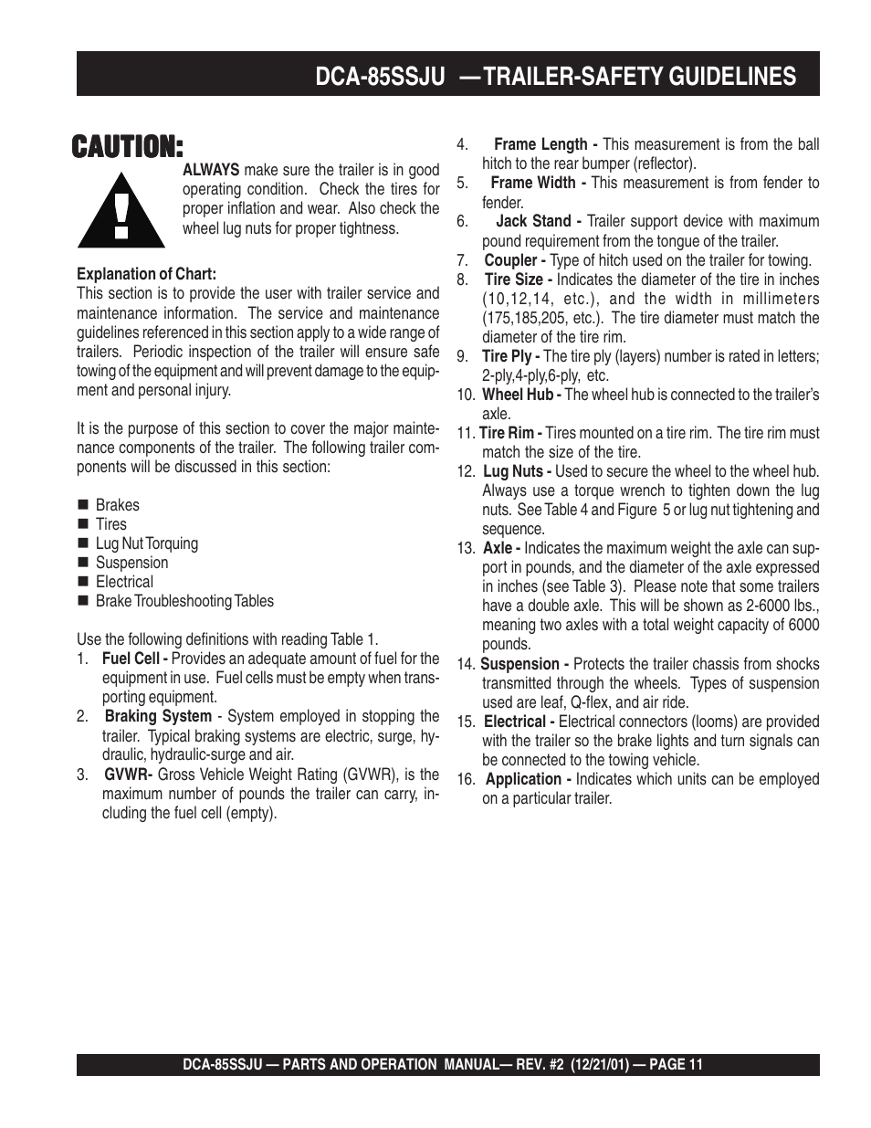 Caution, Dca-85ssju — trailer-safety guidelines | Multiquip DCA85SSJU User Manual | Page 11 / 92