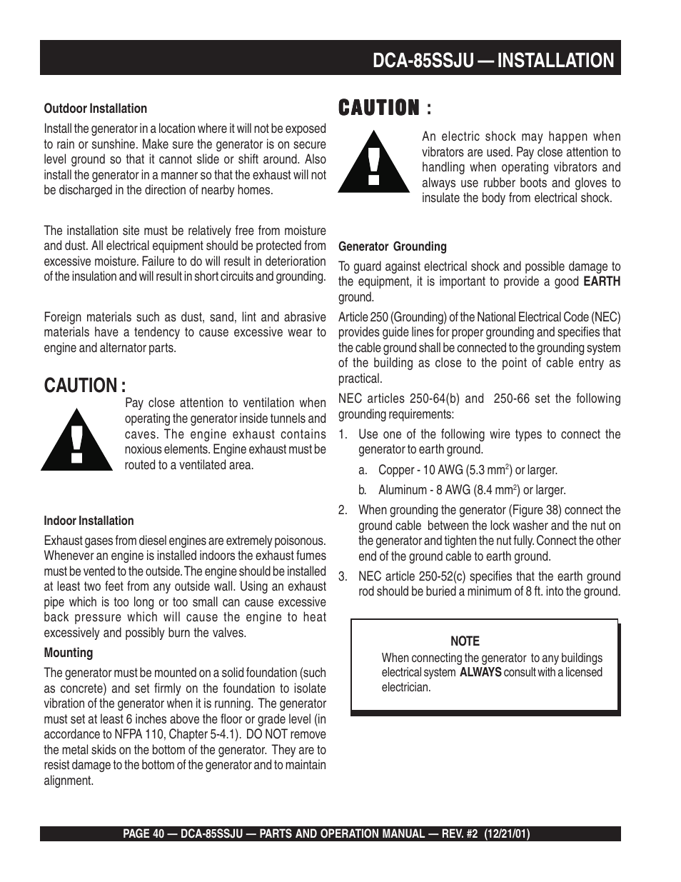 Caution, Caution caution, Dca-85ssju — installation | Multiquip DCA85SSJU User Manual | Page 40 / 92