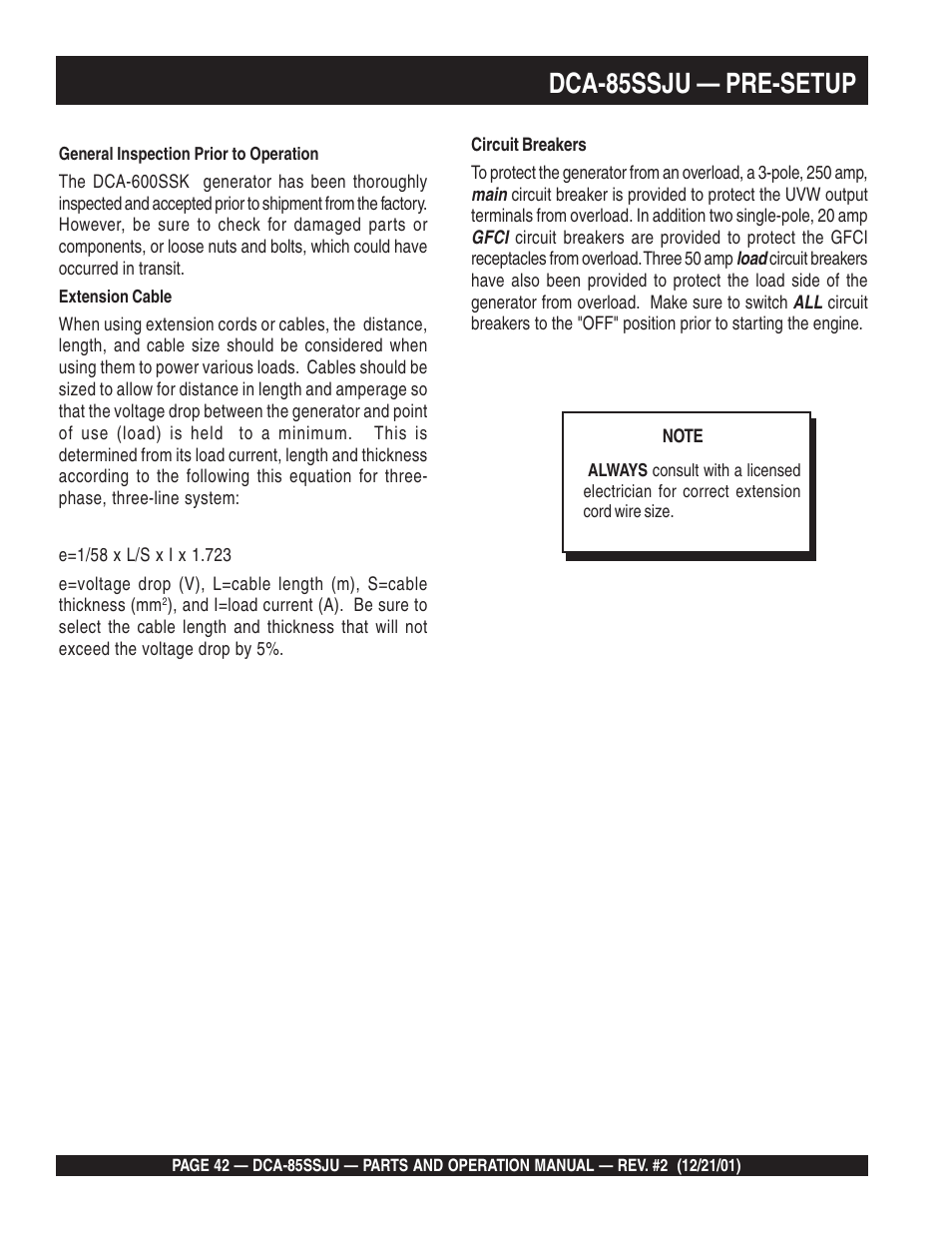 Dca-85ssju — pre-setup | Multiquip DCA85SSJU User Manual | Page 42 / 92