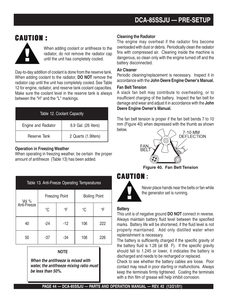 Dca-85ssju — pre-setup, Caution, Caution caution | Multiquip DCA85SSJU User Manual | Page 44 / 92