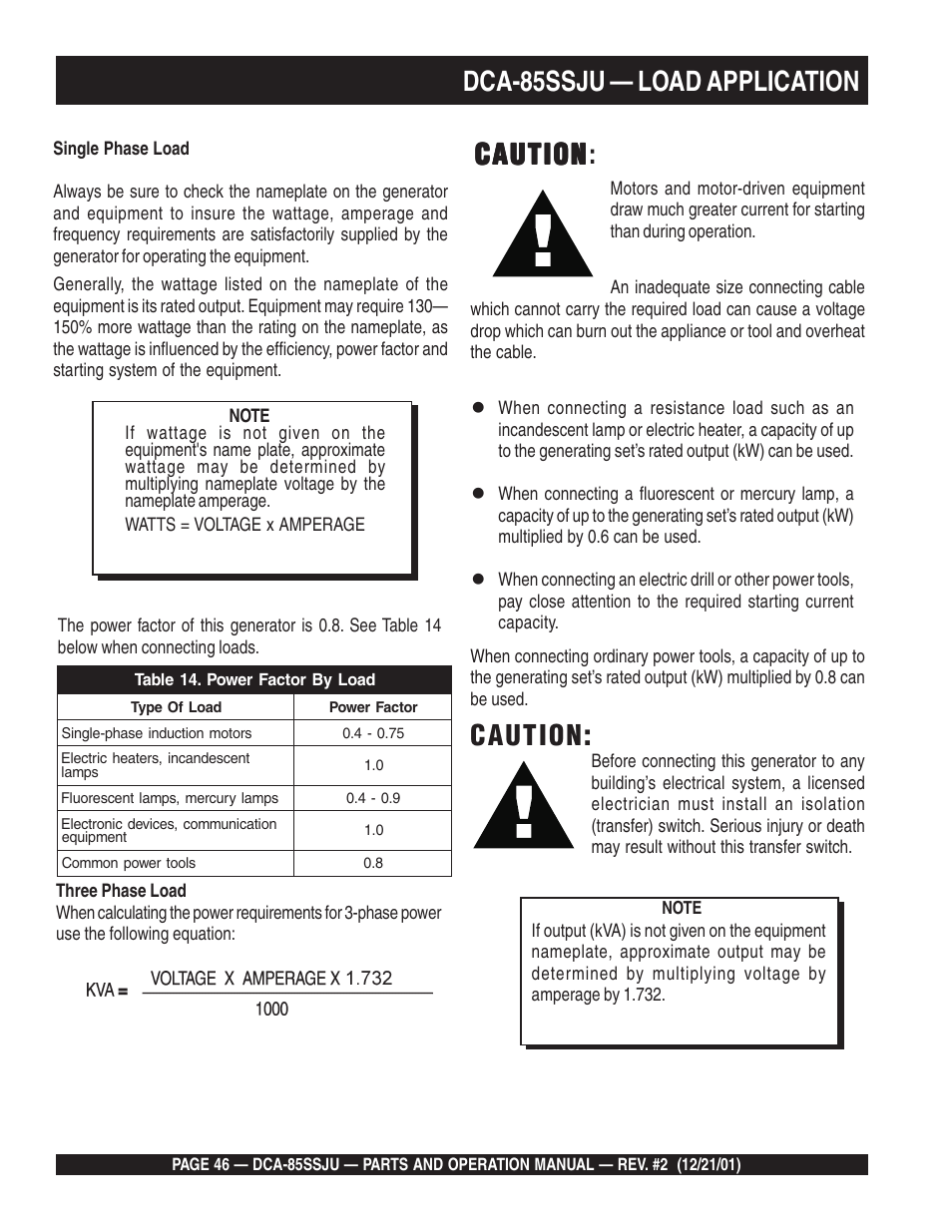 Dca-85ssju — load application, Caution, Caution caution | Multiquip DCA85SSJU User Manual | Page 46 / 92