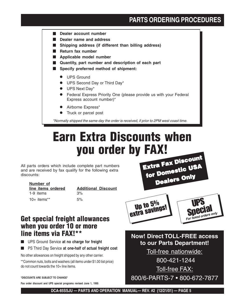 Earn extra discounts when you order by fax, Ups special | Multiquip DCA85SSJU User Manual | Page 5 / 92