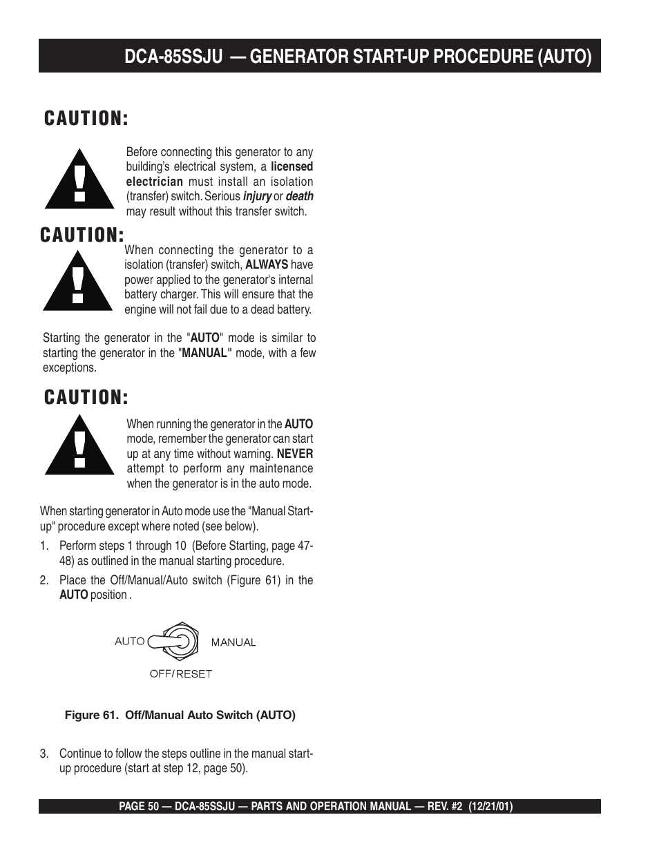 Dca-85ssju — generator start-up procedure (auto), Caution | Multiquip DCA85SSJU User Manual | Page 50 / 92