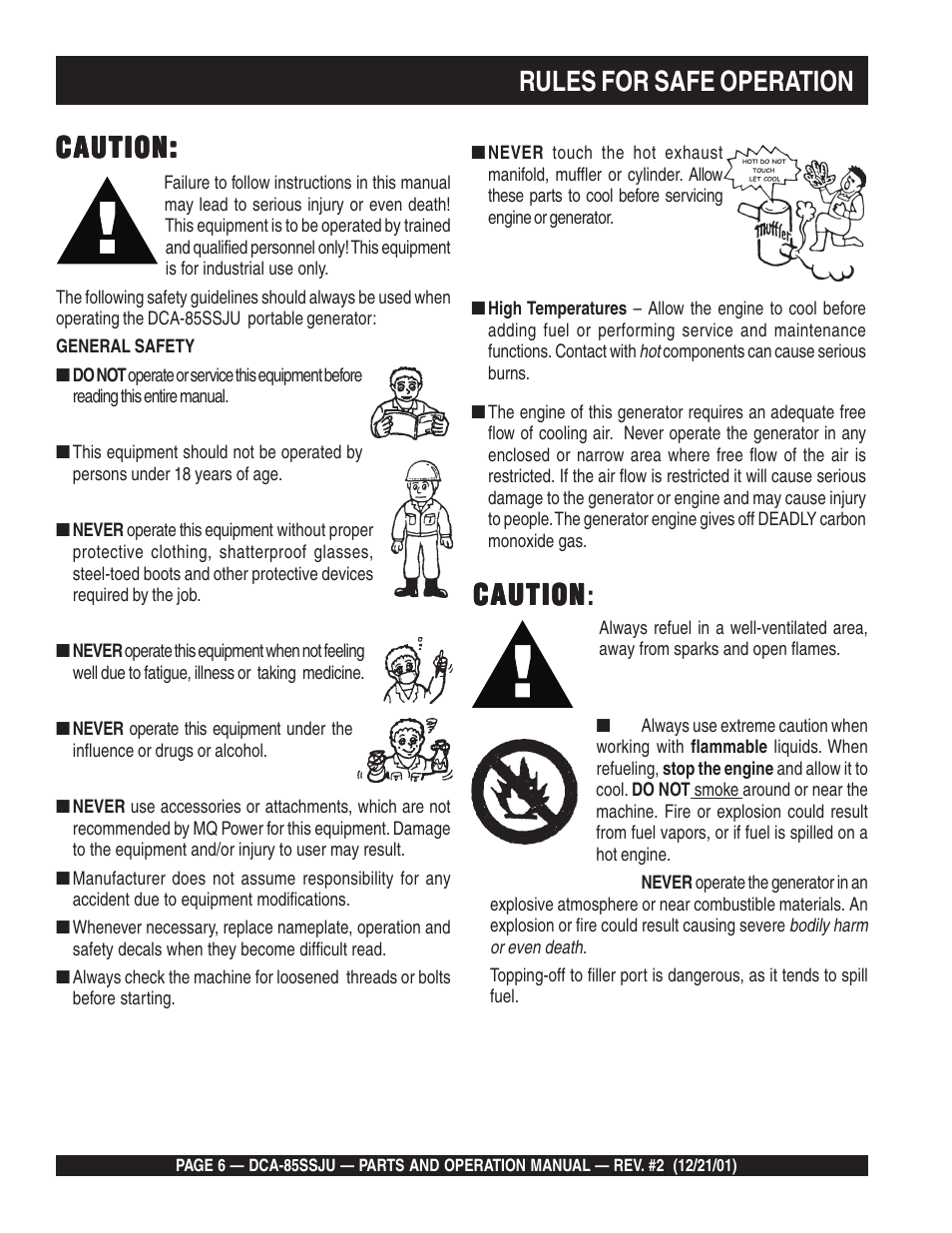 Rules for safe operation, Caution, Caution caution | Multiquip DCA85SSJU User Manual | Page 6 / 92