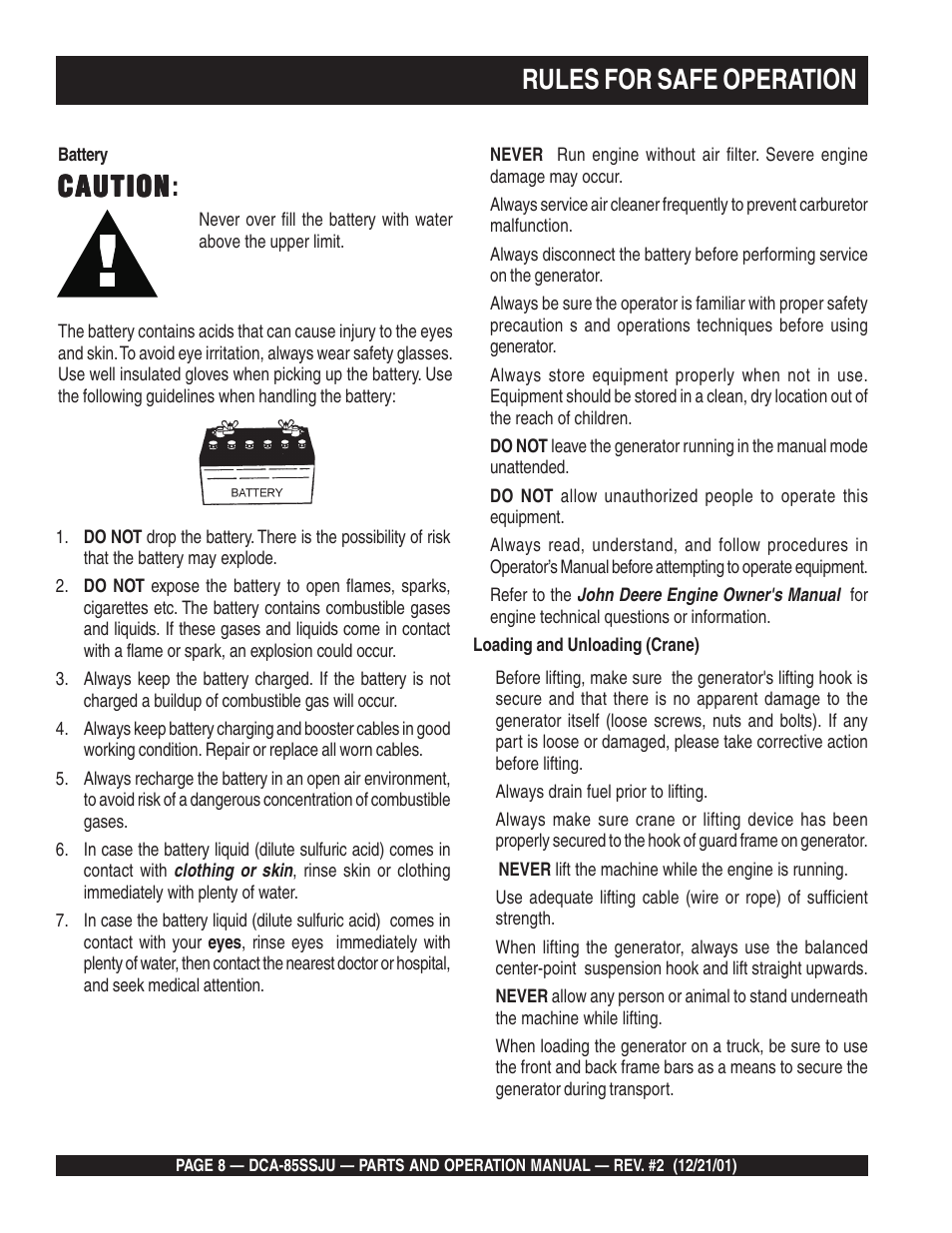 Rules for safe operation, Caution, Caution caution | Multiquip DCA85SSJU User Manual | Page 8 / 92