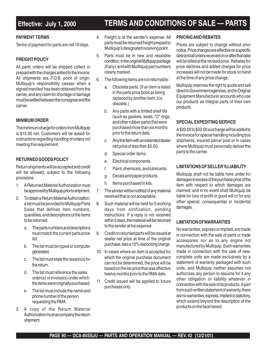 Terms and conditions of sale — parts | Multiquip DCA85SSJU User Manual | Page 90 / 92